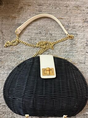 Talbots Woven Black and Cream Crossbody Bag with Gold Chain New